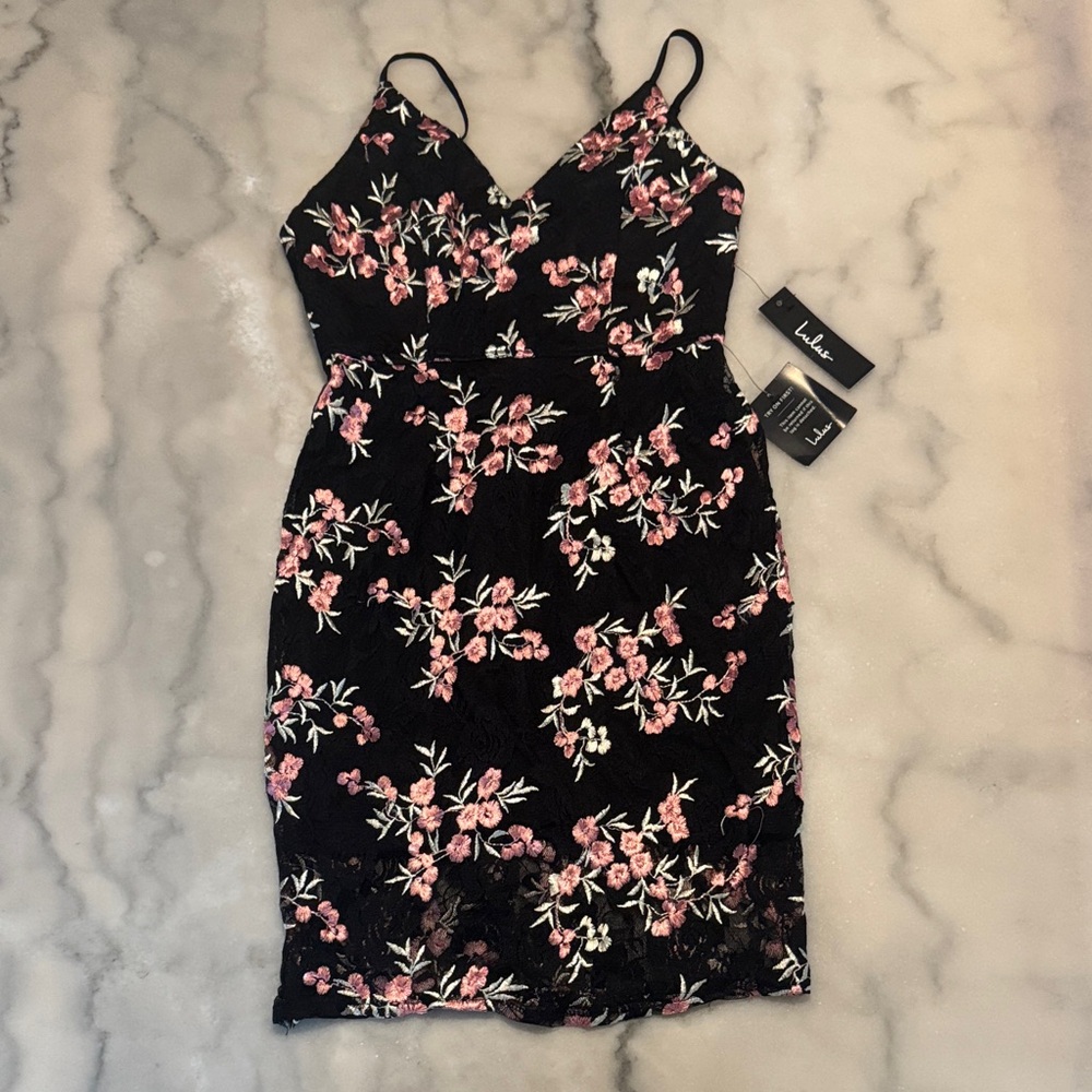 Lulu's Black Lace Embroidered Flower Mini Dress